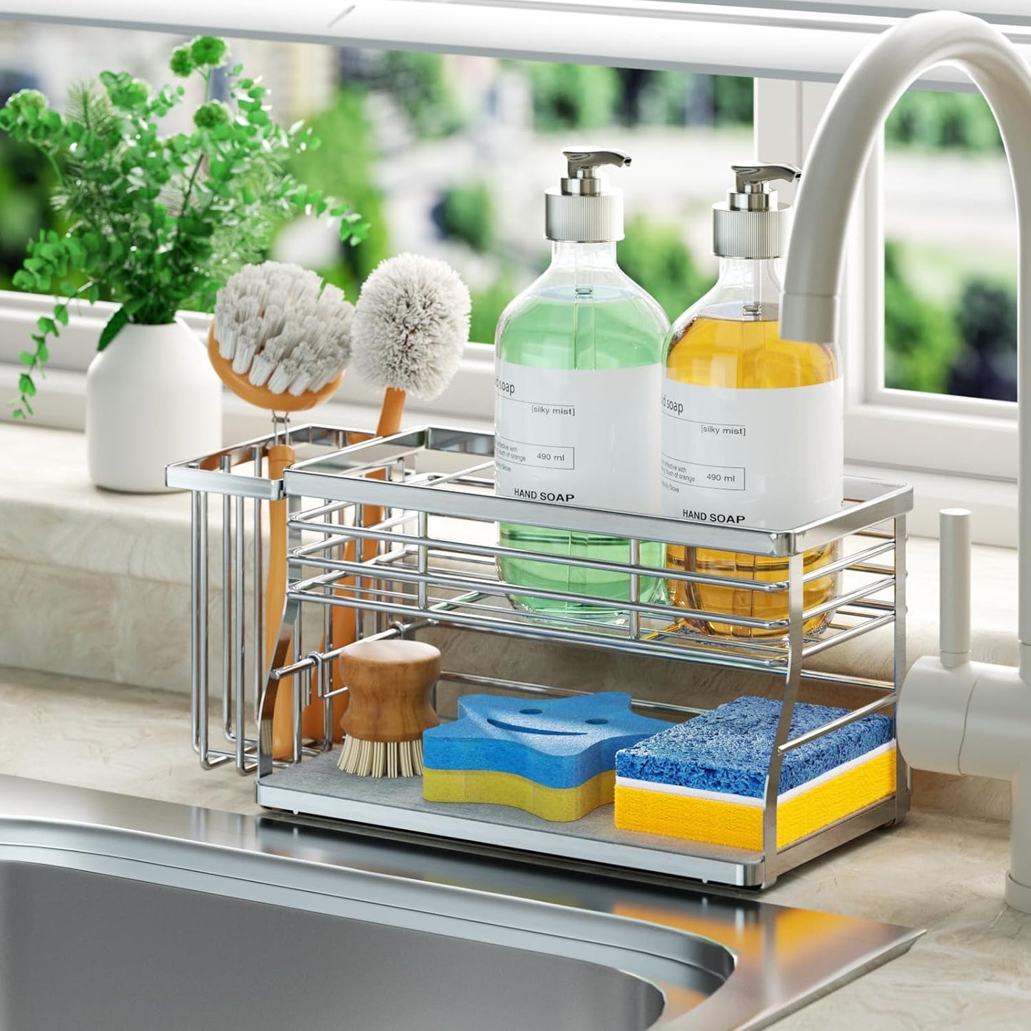 SWTYMIKI Kitchen Sink Caddy Organizer, 2 Tier Sponge Holder for Kitchen Sink with Instant Drying Stone, Removable Brush Holder for Fast Drying on Countertop, Silver