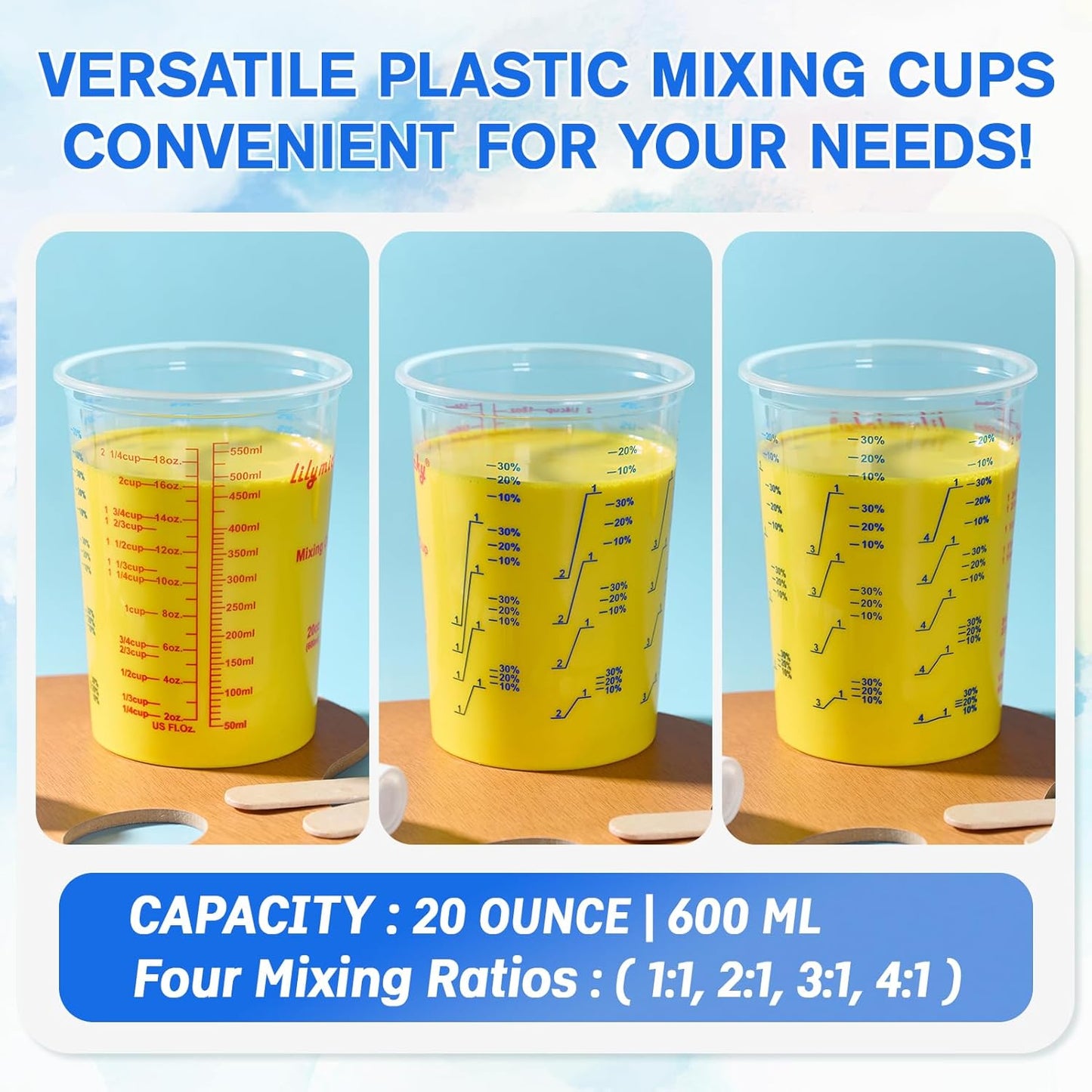 100 Pack Plastic Mixing Cups, 20 oz (600ml), Disposable Measuring Cups with 50 Wooden Mixing Sticks, Measurement ratios: 2:1, 3:1, 4:1, Suitable for Epoxy Resin, Liquid Measuring, and Paint