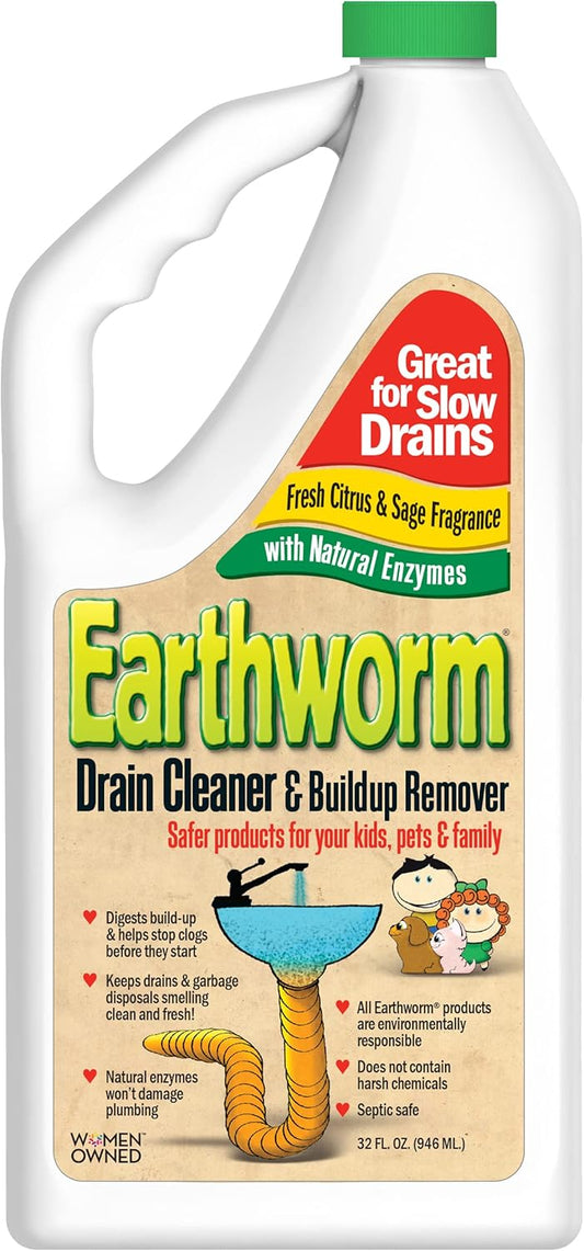 Earthworm Drain Cleaner - Clog Remover - Drain Opener/Deodorizer - Natural Enzymes, Safer for Families, Environmentally Responsible - 32 fl oz