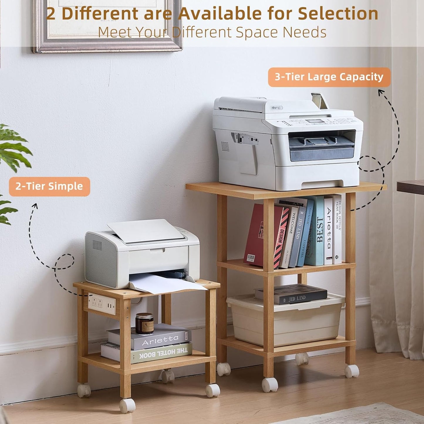 Lerliuo 3 Tier Printer Stand with Storage, Printer Table for Home Office, Wooden Rolling Printer Cart Shelf with Lockable Wheels fit Fax Machine, Scanner(Natural)