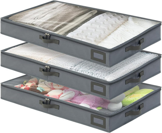 4-Inch Under Bed Storage Containers (3-Pack) | Sturdy Sidewalls | Clear Cover & Label Holder | Underbed Organizer for Crib/Couch | Stores Clothing/Blankets/Wrapping Paper/Toys