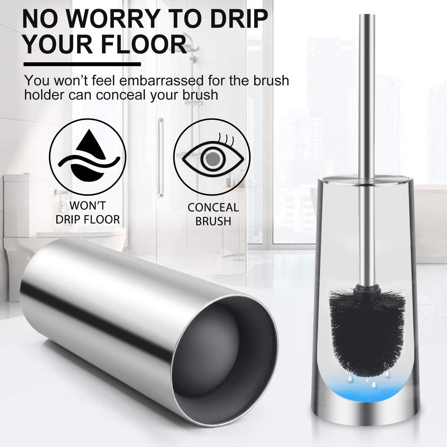 Toilet Brush and Holder, 2 Pack Toilet Brush with 304 Stainless Steel Long Handle, Toilet Bowl Brush for Bathroom Toilet-Ergonomic, Elegant,Durable (Silver)