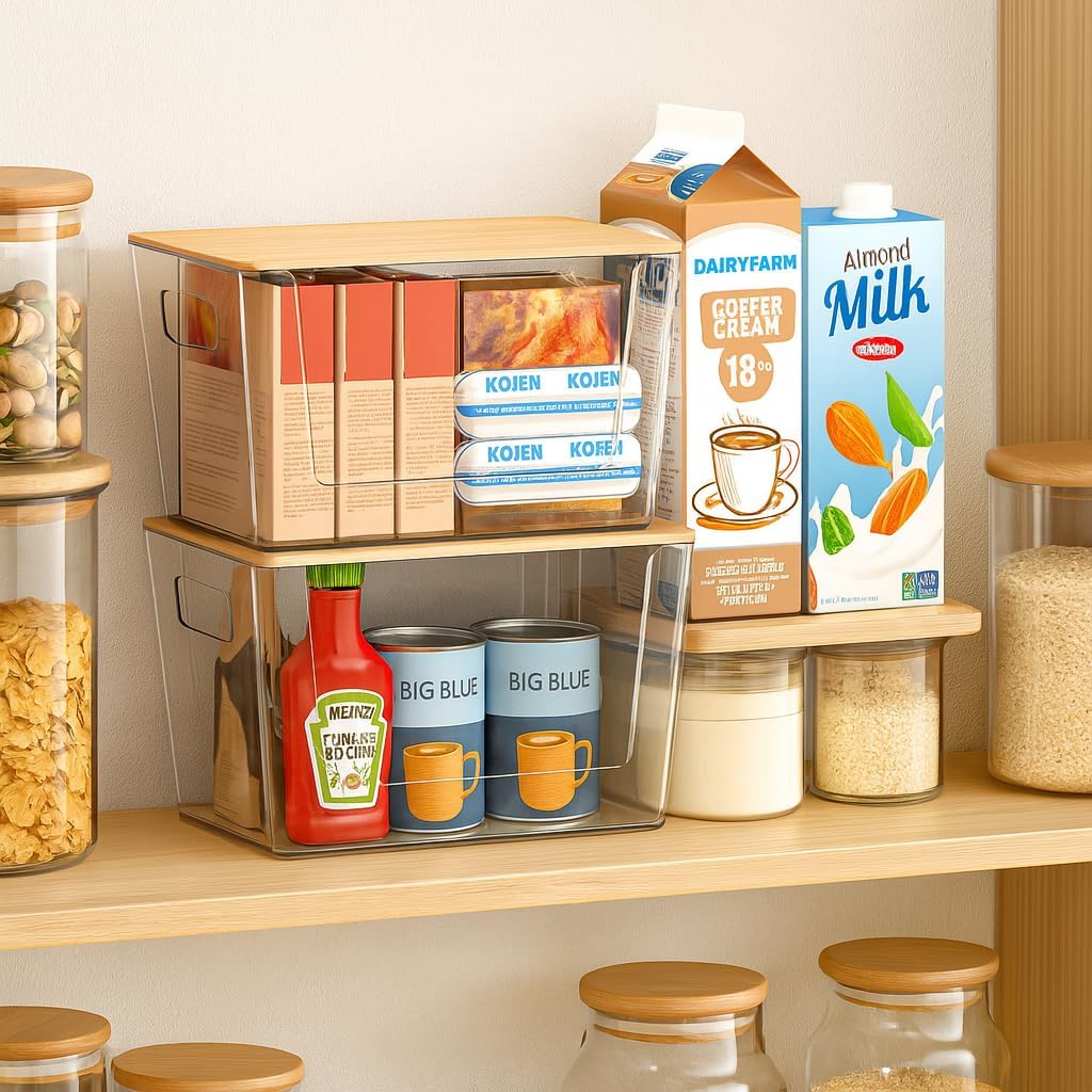 2 Set Pantry Organizers and Storage - Kitchen Organizer with Bamboo Lid for Fruit, Onion, Potato, Vegetable - Clear Stackable Bins for Kitchen Cabinet, Refrigerator, Home Organization