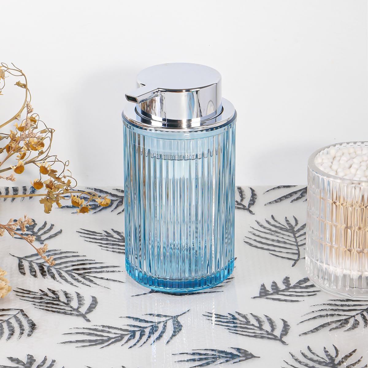 Purple Foaming Soap Dispenser, 12 Oz Glass Foaming Hand Soap Dispenser with Silver Pump, Bathroom Refillable Liquid Lotion Container Pump Ribbed Bottle for Kitchen Bathroom Decor, 1pc