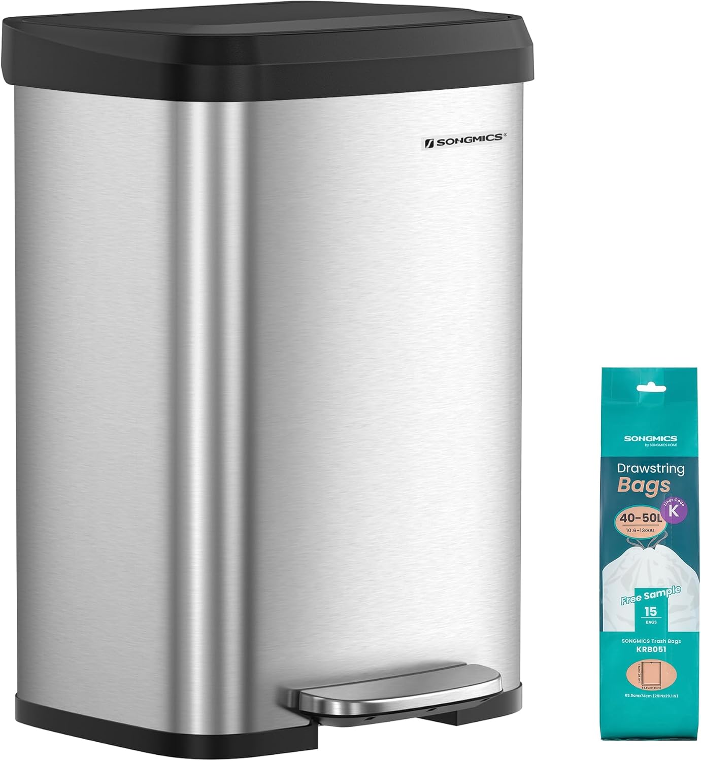 SONGMICS Kitchen Trash Can, 13 Gallon (50 L) Stainless Steel Garbage Can, with Stay-Open Lid and Step-on Pedal, Soft Closure, Tall, Large and Space-Saving, Silver and Black ULTB530E50