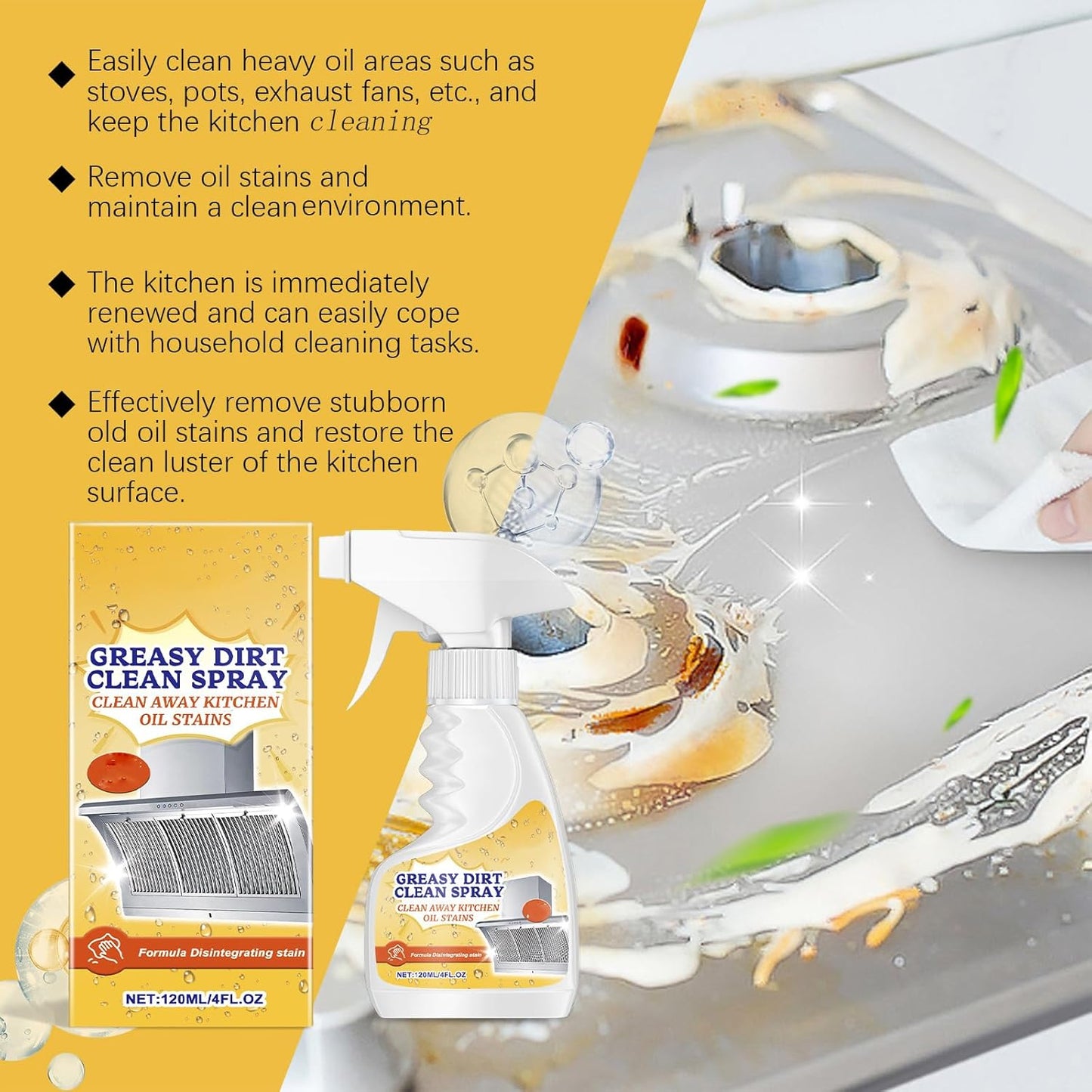 Multifunctional Powerful Kitchen Foam Cleaner, Rotateepic Foam Cleaner, Greasy Dirt Clean Spray, All-Purpose Heavy Duty Degreaser Cleaning Spray for Oven, Stove and Range Hood (3pcs)