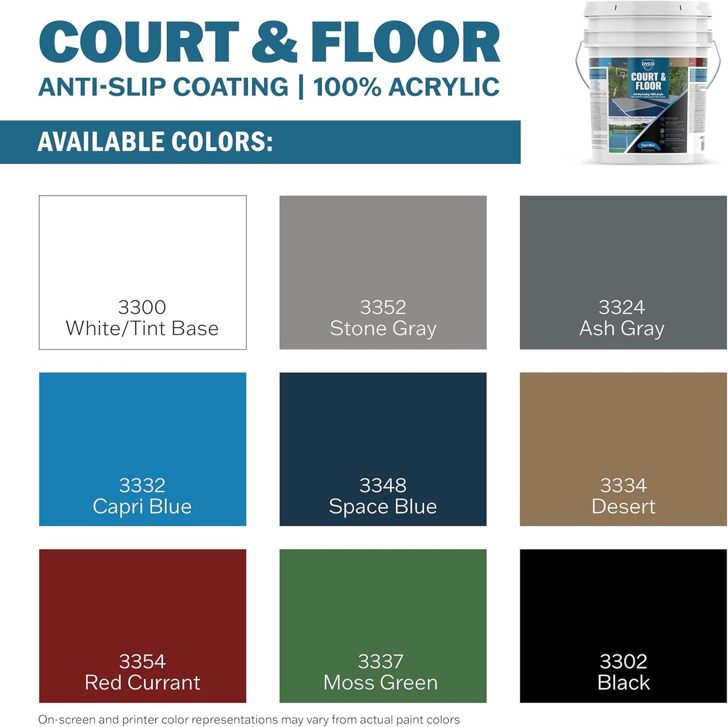 DYCO Court & Floor Anti-Slip Coating - Slip-Resistant Pavement, Cement & Concrete Paint for Pickleball, Tennis & Basketball Courts, Exceeds ADA Standards for Safety Areas (Capri Blue, 5 Gallons)