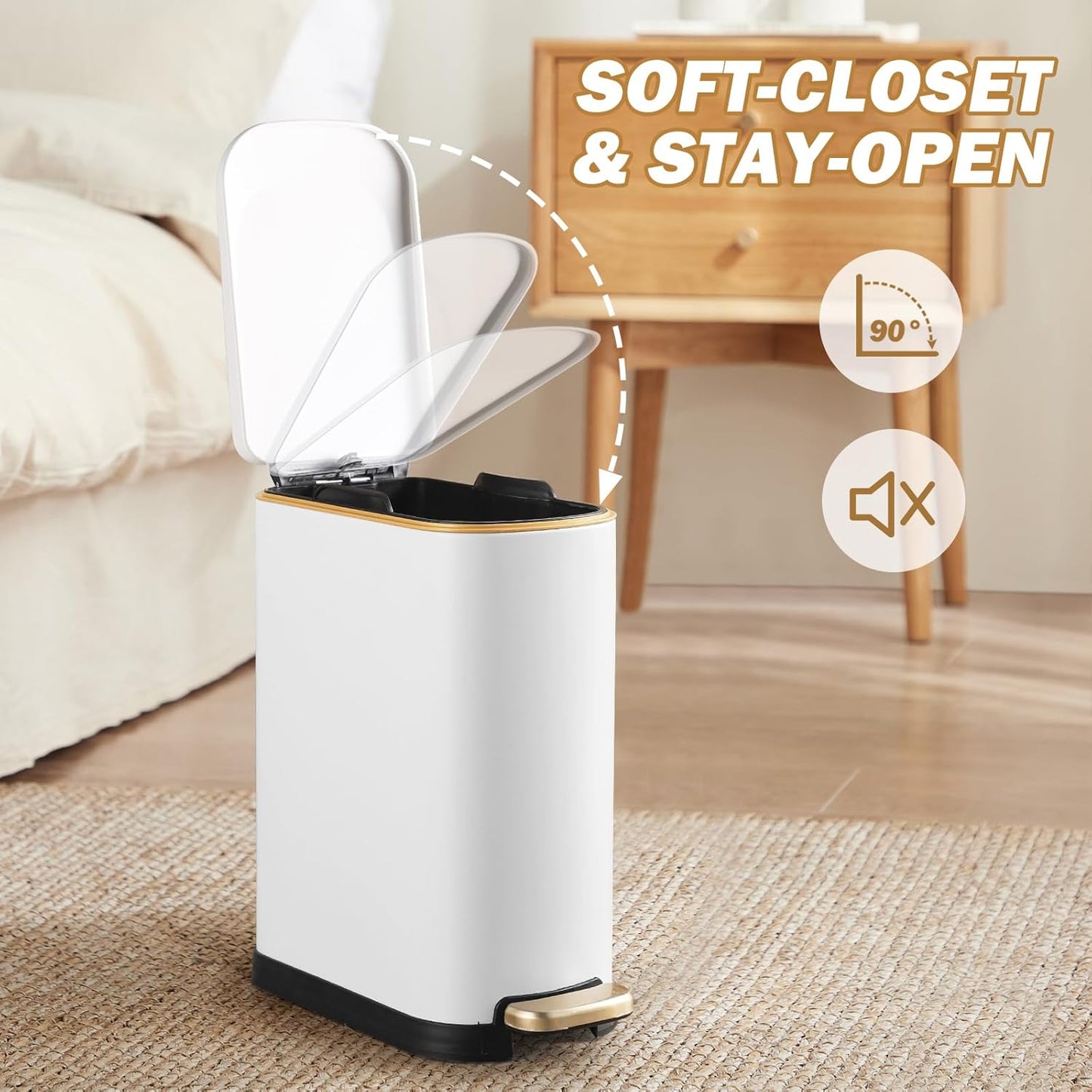 Bathroom Trash Can with Soft-Close Lid 3.5 Gallon Stainless Steel Garbage Can with Removable Inner Bucket Slim Trash Bins for Bedroom, Office(Matte White)