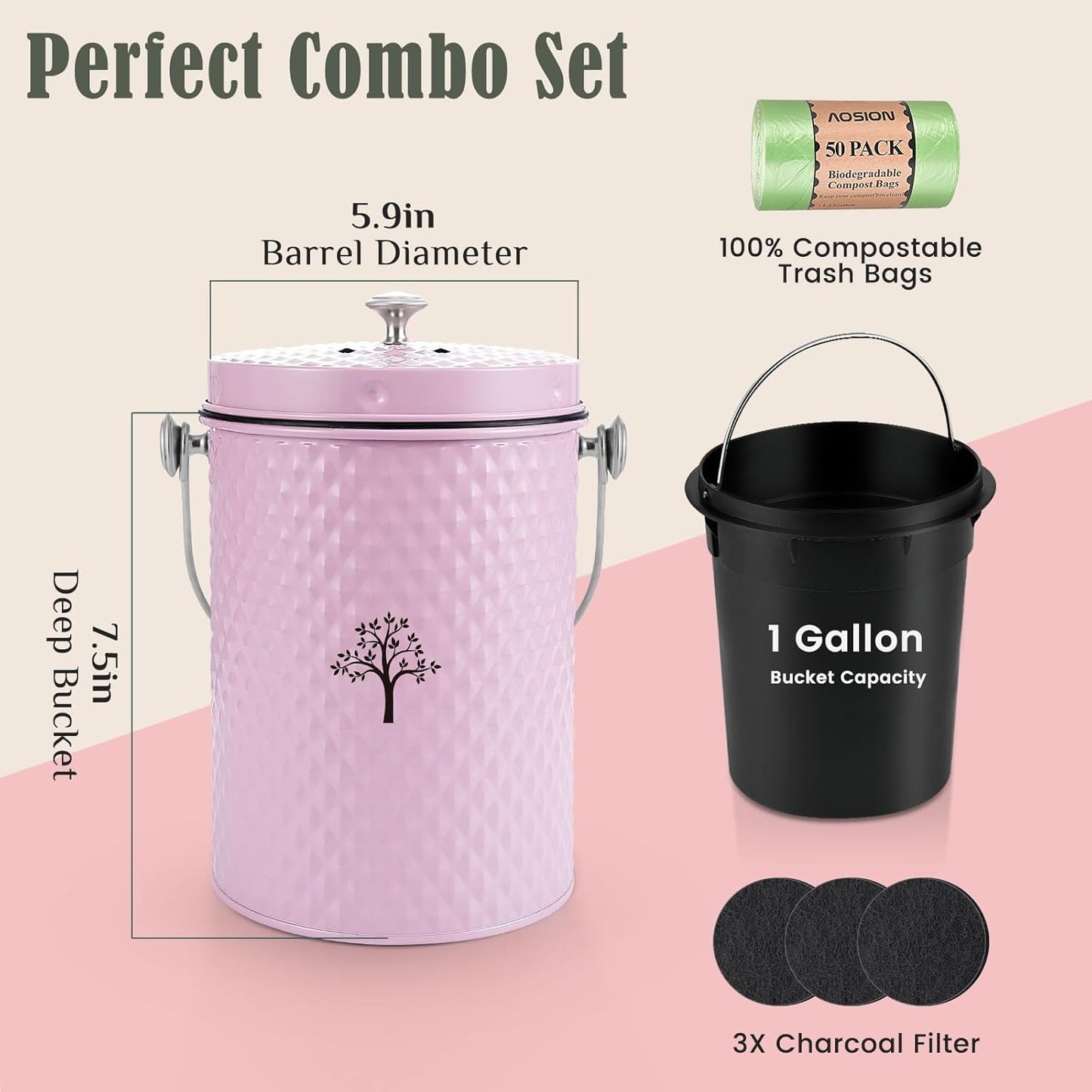 AOSION Countertop Compost Bin Kitchen，Odorless Indoor Compost Bin with Lid and Compost Bags,Compost Bucket Composter Container for Food Waste,Pink