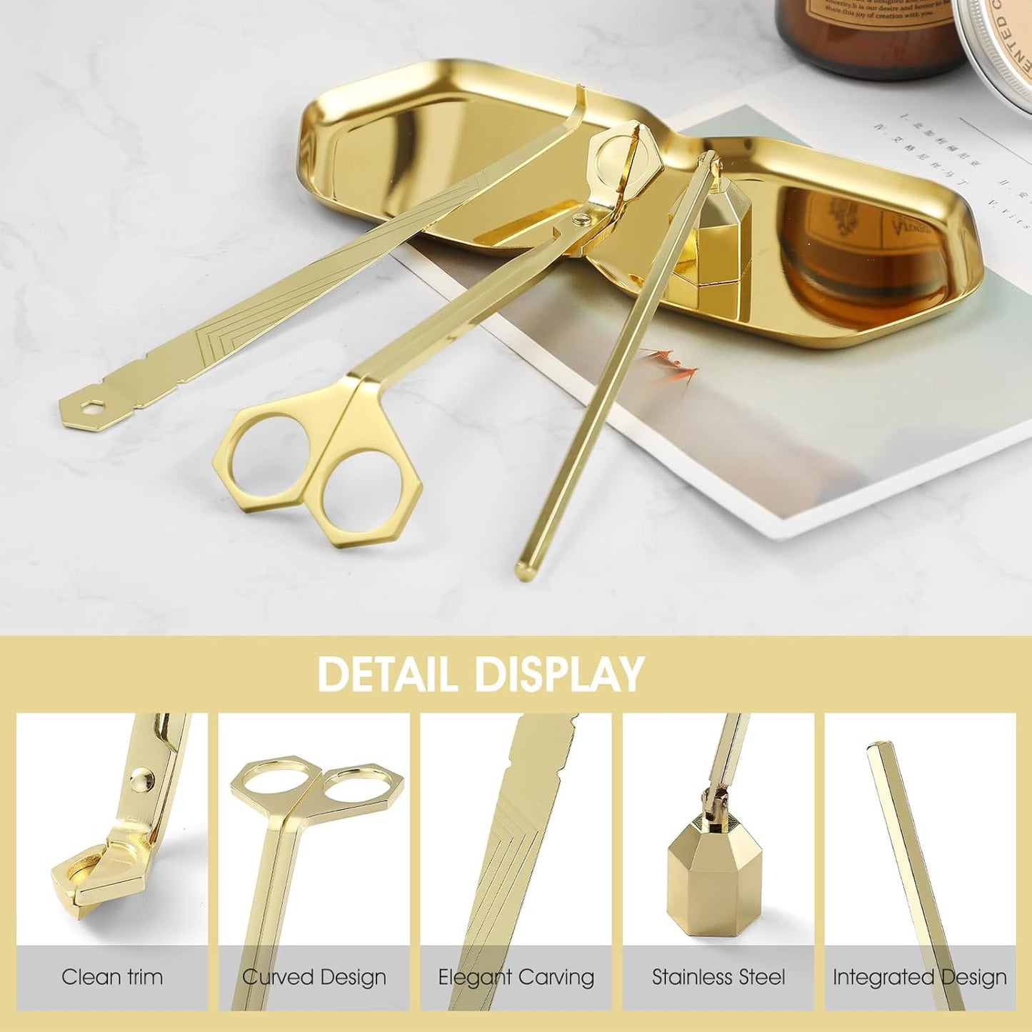 PATOISE 4 in 1 Candle Accessory Set, Wick Trimmer, Candle Snuffer, Wick Scoop,Storage Tray,Perfect for Candle Lovers(Gold)