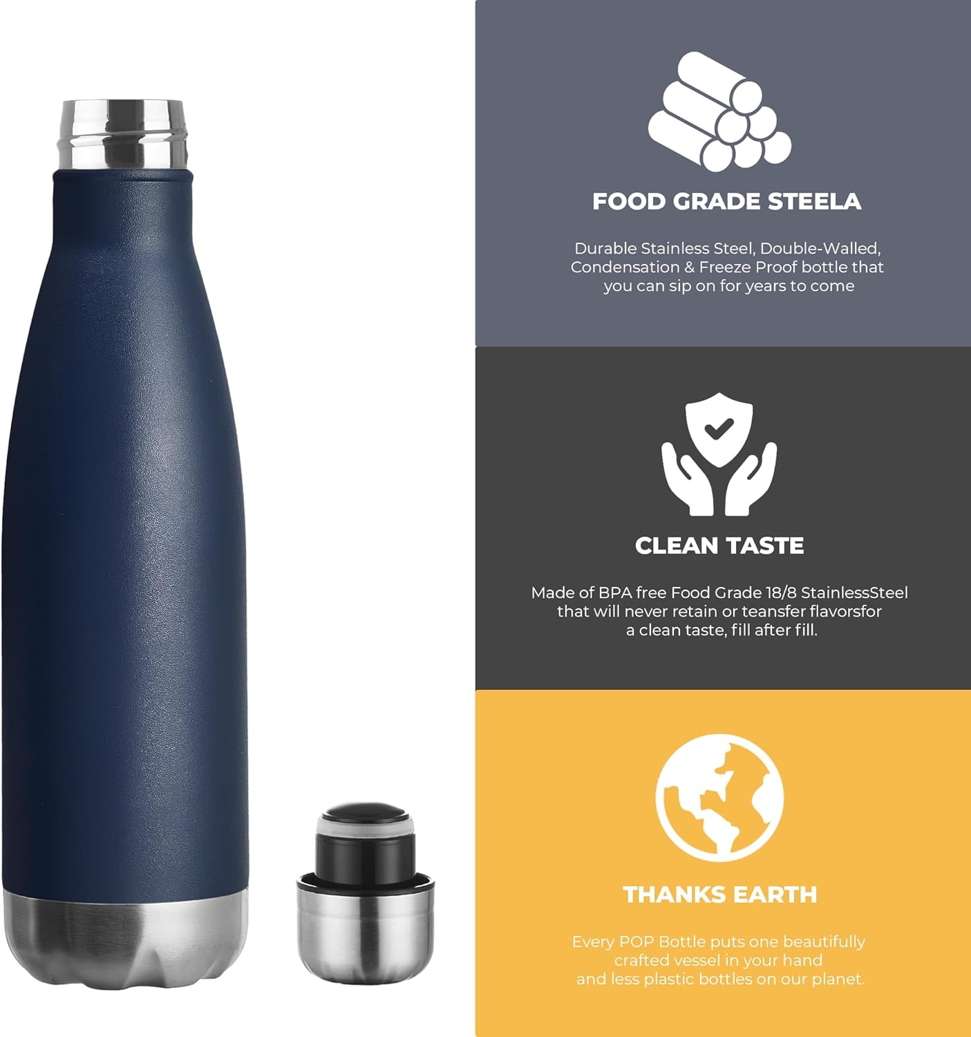 MEWAY 17oz Sport Water Bottle 8 Pack Vacuum Insulated Stainless Steel Leak-Proof Double Wall Cola Shape Water Bottle,Keep Drinks Hot & Cold (Navy,8 Pack)