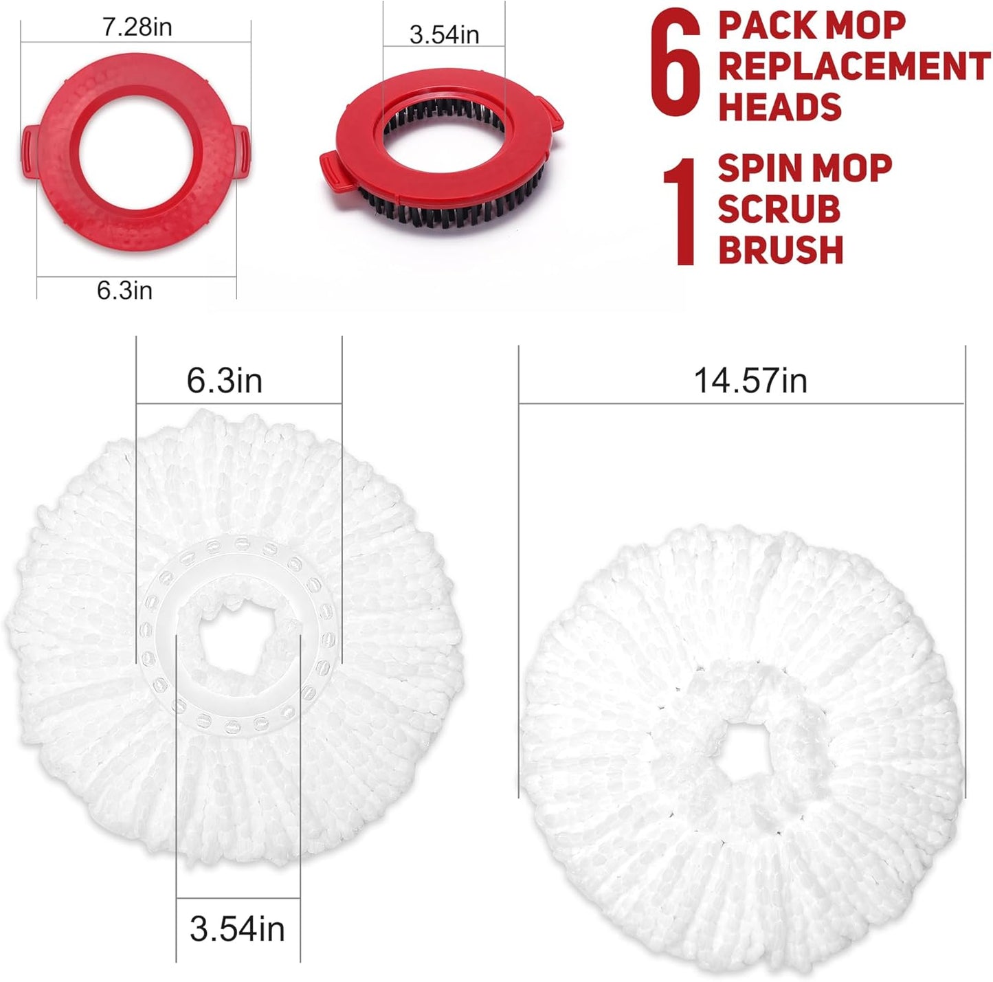 6-Pack White Mop Replacement Heads with 1 Spin Mop Scrub Brush - Microfiber Replacement Mop Heads Universal for 360°Spin Magic Mopping,Round Shape Standard Size