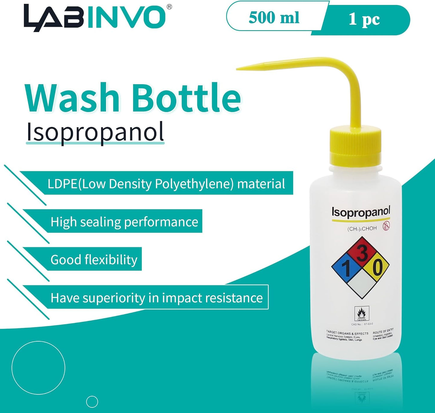 Isopropanol Wash Bottle, 1 PC of Vol.500ml (17oz), Narrow Mouth, Self-Venting Safety Wash Bottles, LDPE Material, IN-WBI501