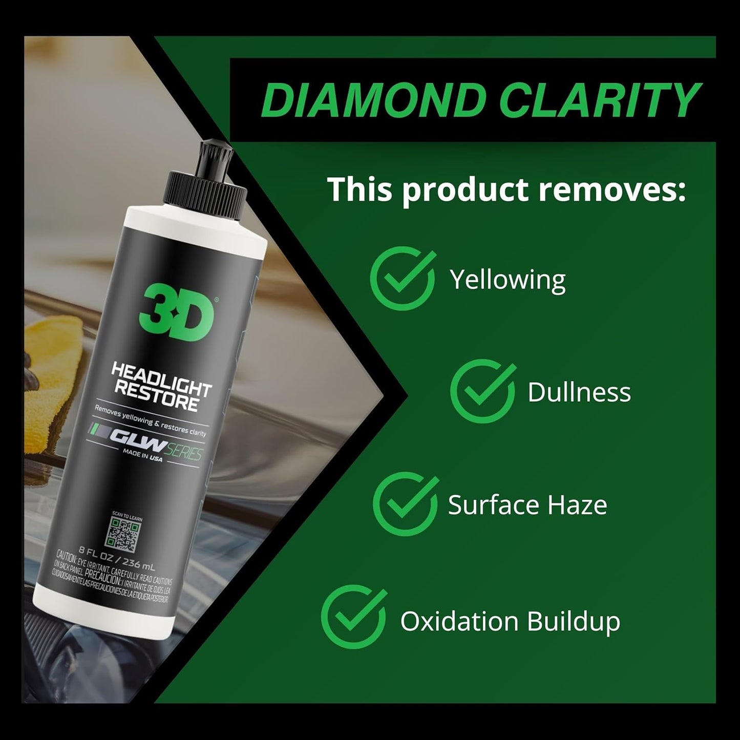 3D GLW Series Headlight Restore – 2-Step Kit Removes Oxidation, Scratches & Yellowing | UV Protection for Clear Headlights & Safer Driving | Made in USA - 8 oz