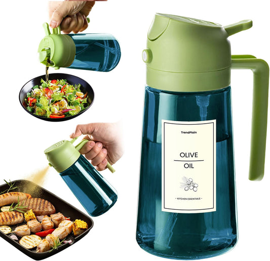 TrendPlain 16oz/470ml Blue Glass Olive Oil Sprayer for Cooking - 2 in 1 Olive Oil Dispenser for Kitchen Gadgets, Air Fryer, Salad, and BBQ - Green