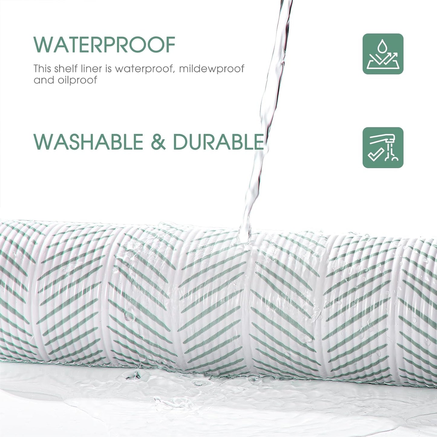 Glotoch Non Adhesive Shelf Liners for Kithchen Cabinets,Non Slip Waterproof Drawer Liners for Dresser, Liner, Fridge, Wire Shelving,Pantry,Heavy Duty, White and Green Herringbone 12X60 Inch