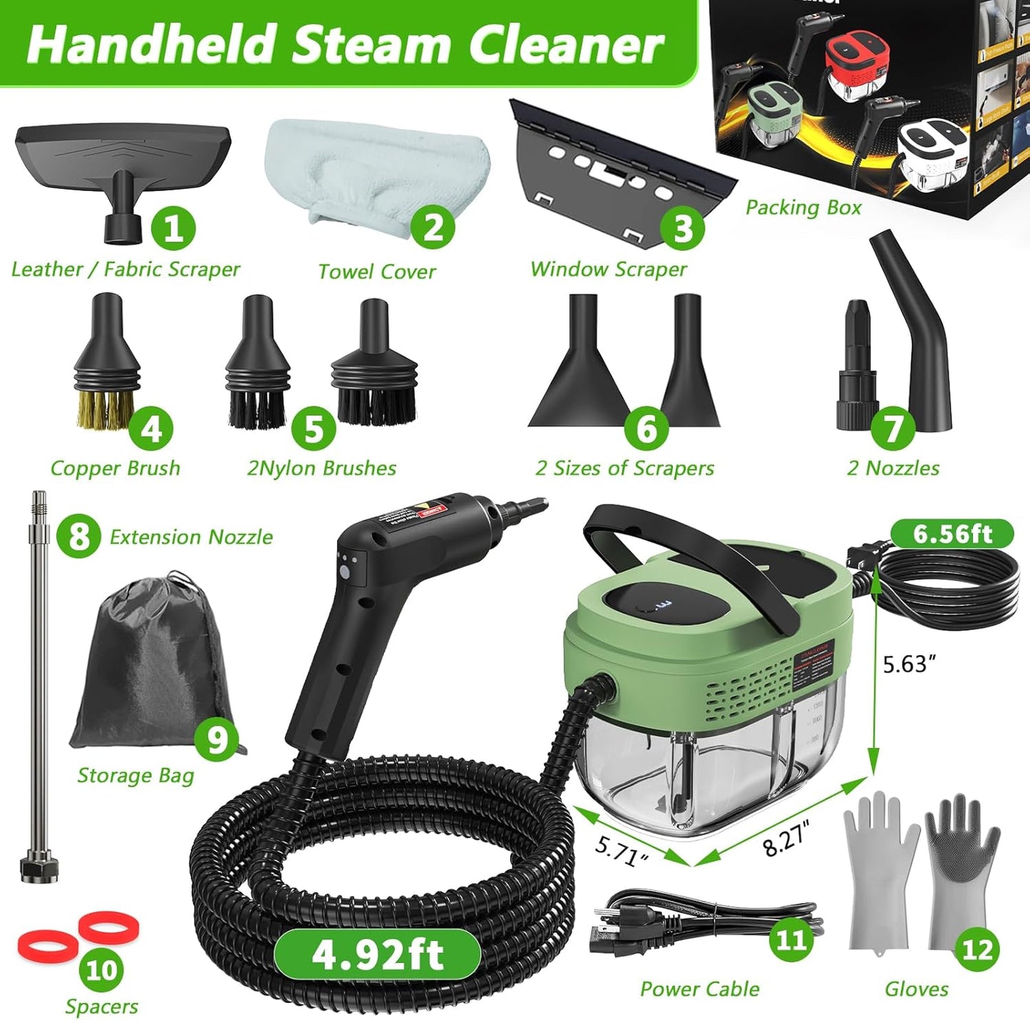 Handheld Steam Cleaner, 2500W High Pressure Steamer for Cleaning, Portable Steam Cleaner with 1.6L Water Tank, 3 Levels Adjustable Handle, Steam Cleaner for Home, Car, Furniture, Bed Bugs (Green)