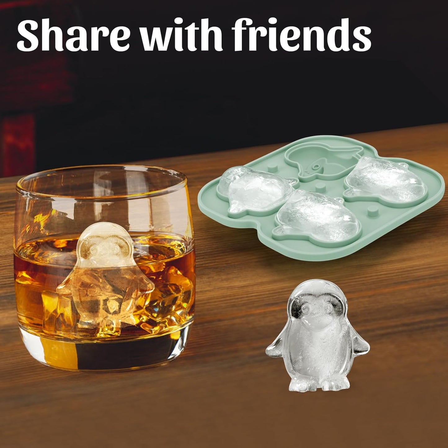 Silicone Ice Cube Tray,Penguin 3D Large Ice Cube Molds for Whiskey,Cocktails,Wine,Juice and Bourbon,4 Big Cute Animal Ice Trays for Freezer with Lid Easy-Release BPA Free(Penguin)