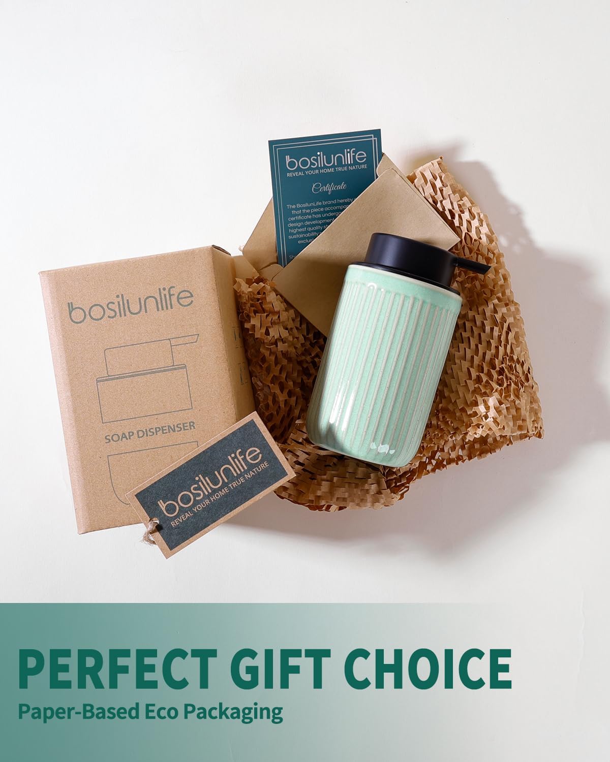 BosilunLife Foam Hand Soap Dispenser - Ceramic Foaming Soap Dispenser for Bathroom 12oz Refillable Liquid Lotion Soap Dispenser with Rust-Proof Foaming Pump for Countertop (Light Green)