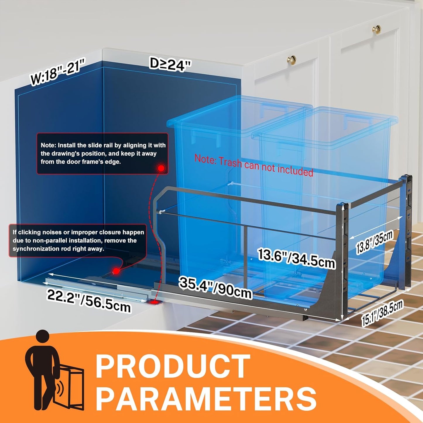 YJHome Pull Out Trash Can Under Cabinet with Push to Open Slides, Garbage Can Not Included, Double Cabinet Trash Can Pull Out Kit with Door Mounting Kit, Requires Minimum Cabinets Opening 18" W