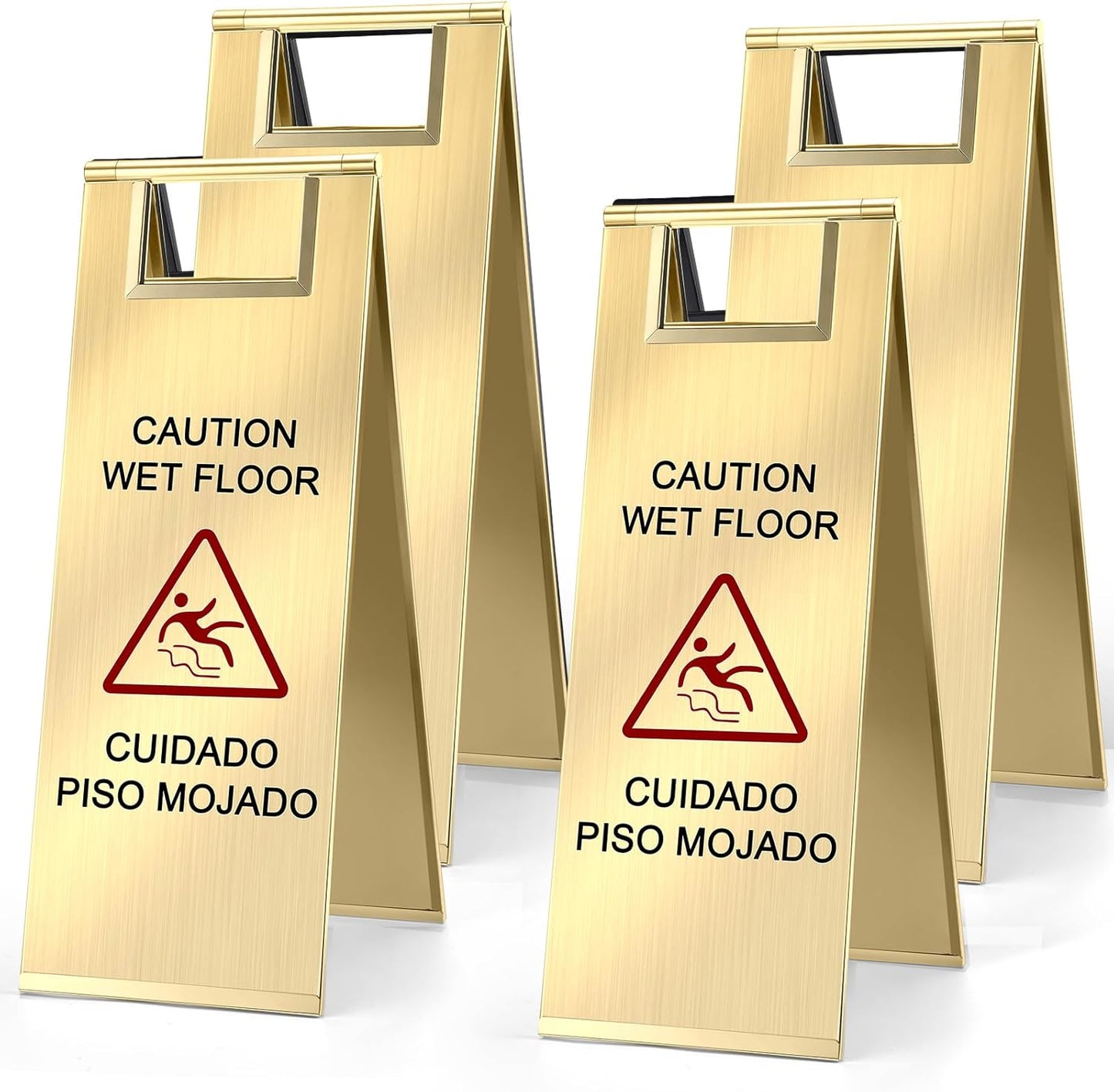LEIFIDE 4 Pcs Stainless Steel Wet Floor Caution Sign Bulk 8.8 Pound Portable Foldable Handle Bilingual Safety Sign for Kitchen Restaurant Shop Commercial Use Avoid Fall and Slip Accident (Gold)
