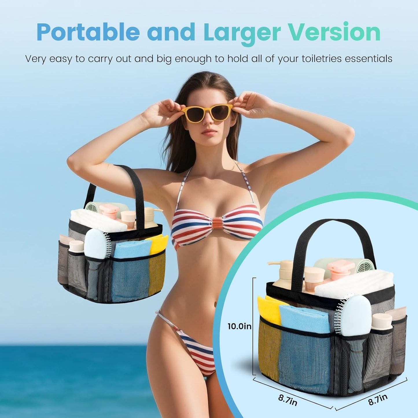 Mesh Shower Caddy Portable for College Dorm Room Essentials for Girls with 9 Pockets,Large-Capacity Shower Basket,Quick Dry Toiletry Tote Bag for Women,Outdoor Gym,Travel,Swim,Beach Camping Essentials