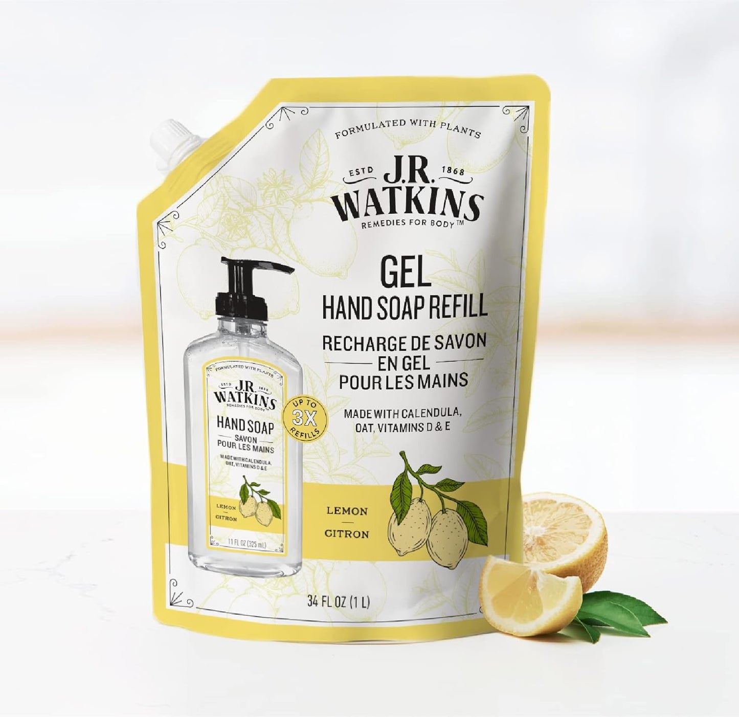 J.R. Watkins Gel Hand Soap Refill Pouch, Scented Liquid Hand Wash for Bathroom or Kitchen, USA Made and Cruelty Free, 34 fl oz, Lemon, 2 Pack