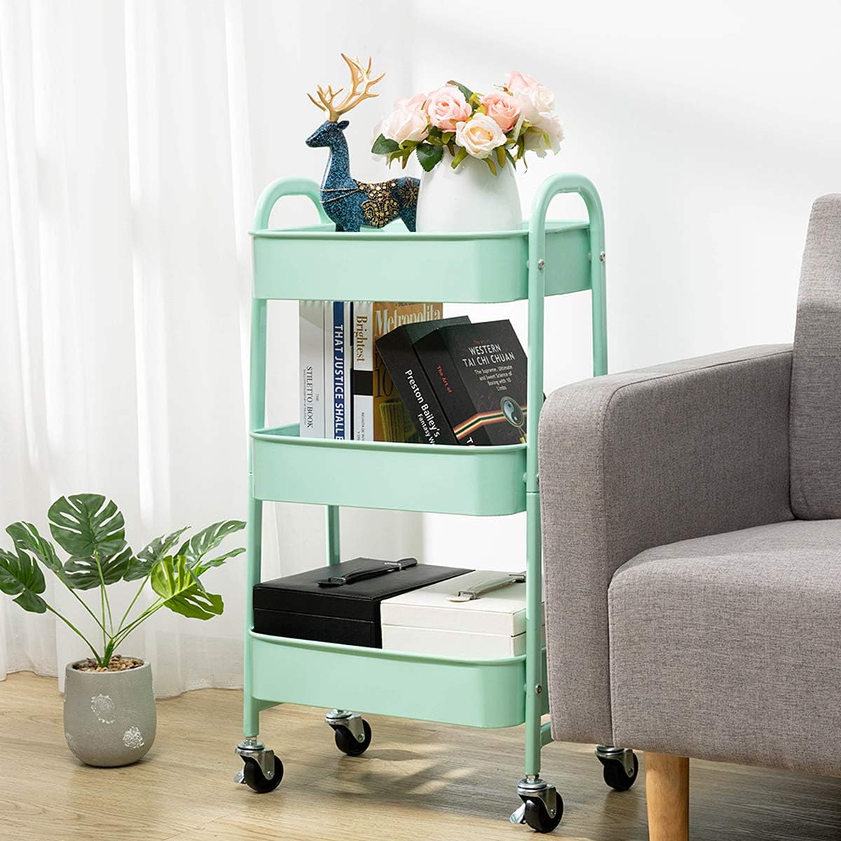 AGTEK Makeup Cart, Movable Rolling Organizer Cart, Macaron Blue 3 Tier Metal Utility Cart
