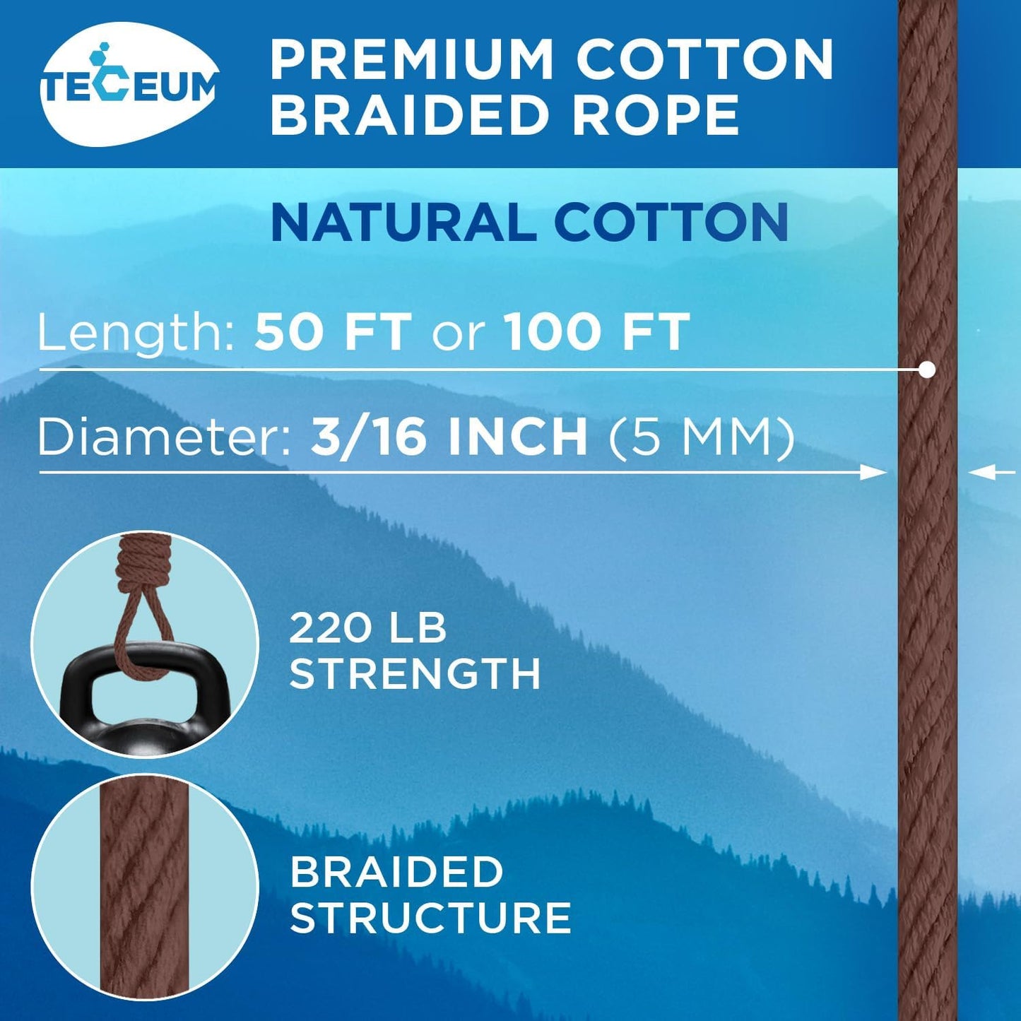 TECEUM Cotton Rope 3/16” (5 mm) – 100 FT – Strong All-Purpose Braided Rope – Natural Cotton – for Crafting, Сamping, Clothes Line, DIY, Indoor & Outdoor Use – Brown