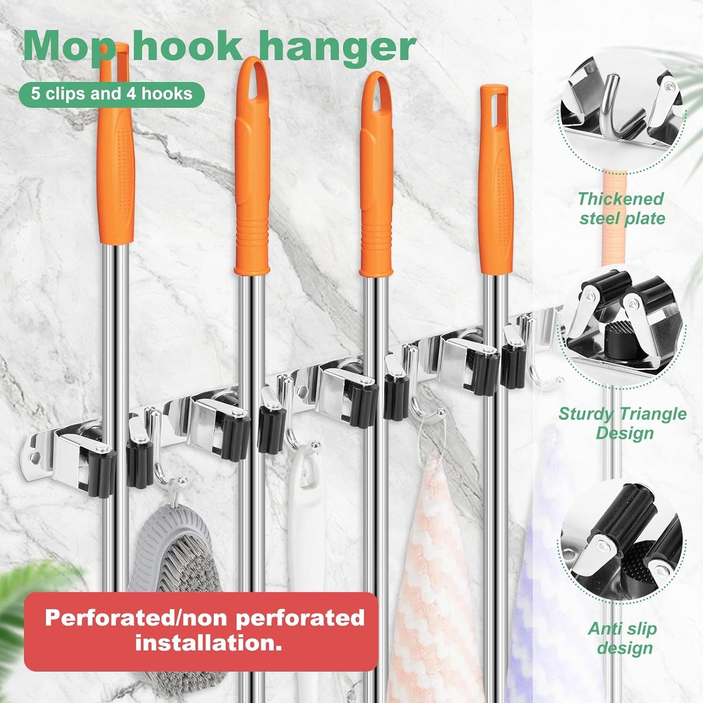 2Pcs 5 Racks 4 Hooks Stainless Steel Broom Mop Holder Anti Slip Wall Mount Broom Storage Rack Strong Load Bearing Waterproof Mop Broom Organizer for Bathroom Kitchen Garage