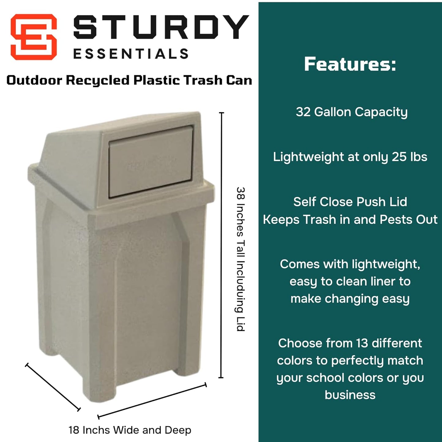 32 Gallon Square 100% Recycled Plastic Heavy Duty Commercial Outdoor or Indoor Trash Can with Push Lid - Great for Schools and Businesses - Beige Granite