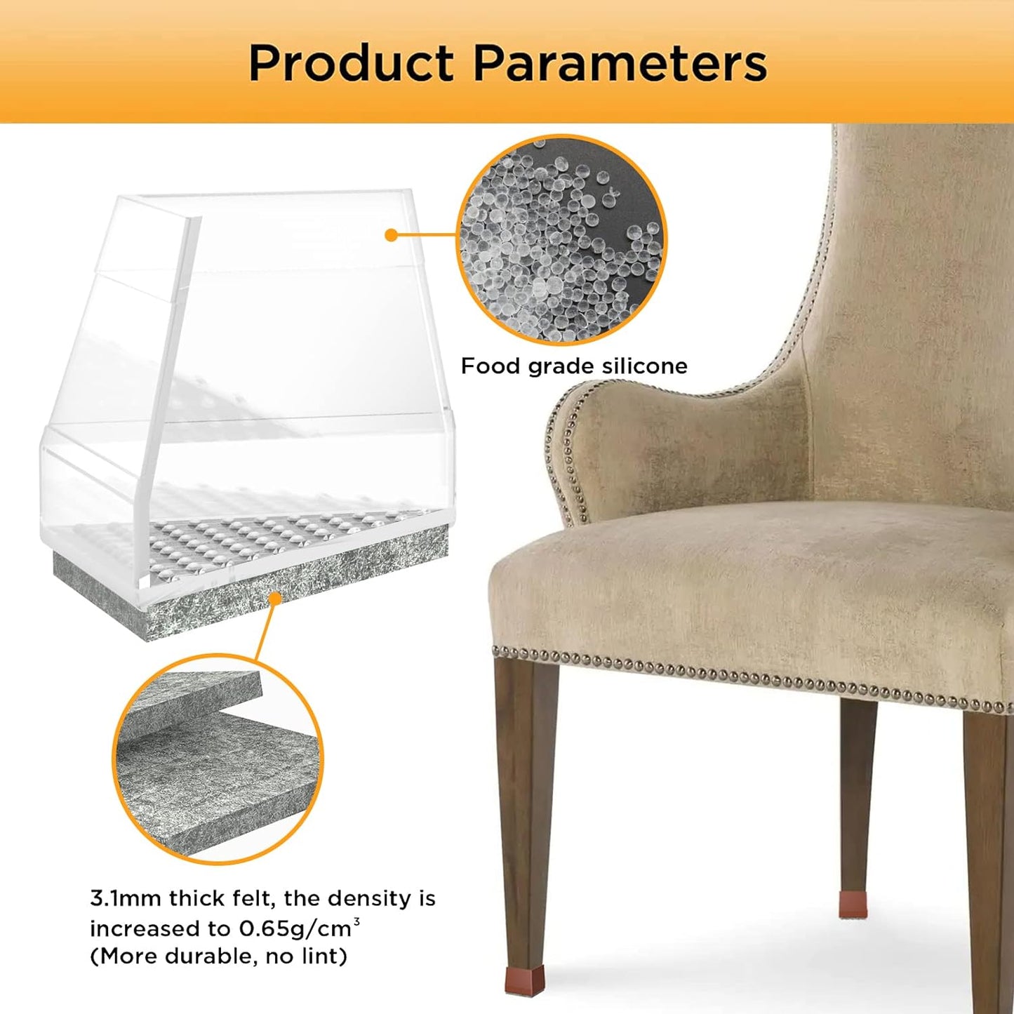 Square Chair Leg Protectors for Hardwood Floors,16 Pcs Silicone Felt Furniture Legs Caps to Prevent Floor from Scratches and Reduce Noise, Easy to Move,1.26-1.57",Clear.