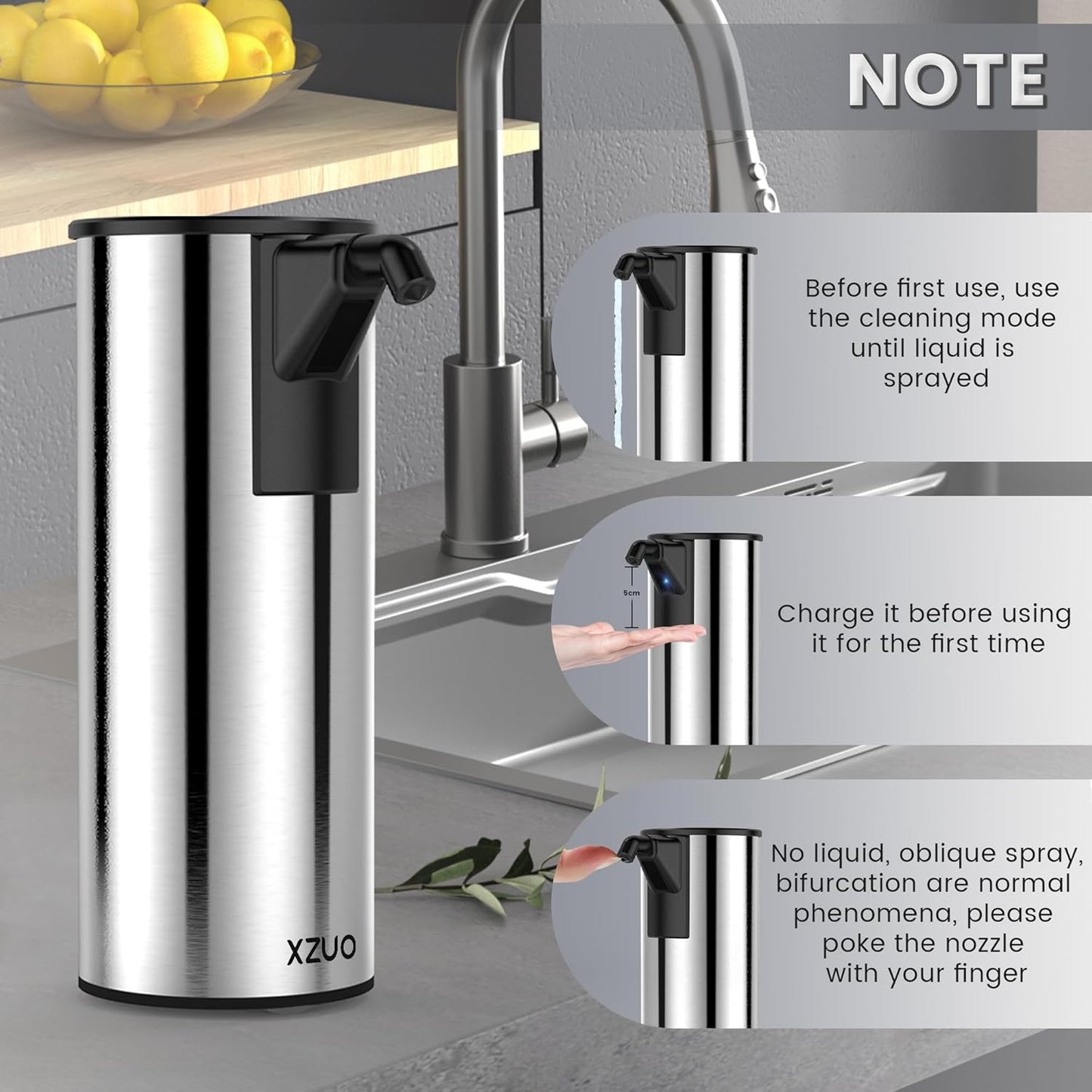 Automatic Soap Dispenser Touchless 11.8oz 4-Level Adjustment Auto Hand Soap Dispenser Stainless Steel Battery Operated for Bathroom Kitchen Hotel