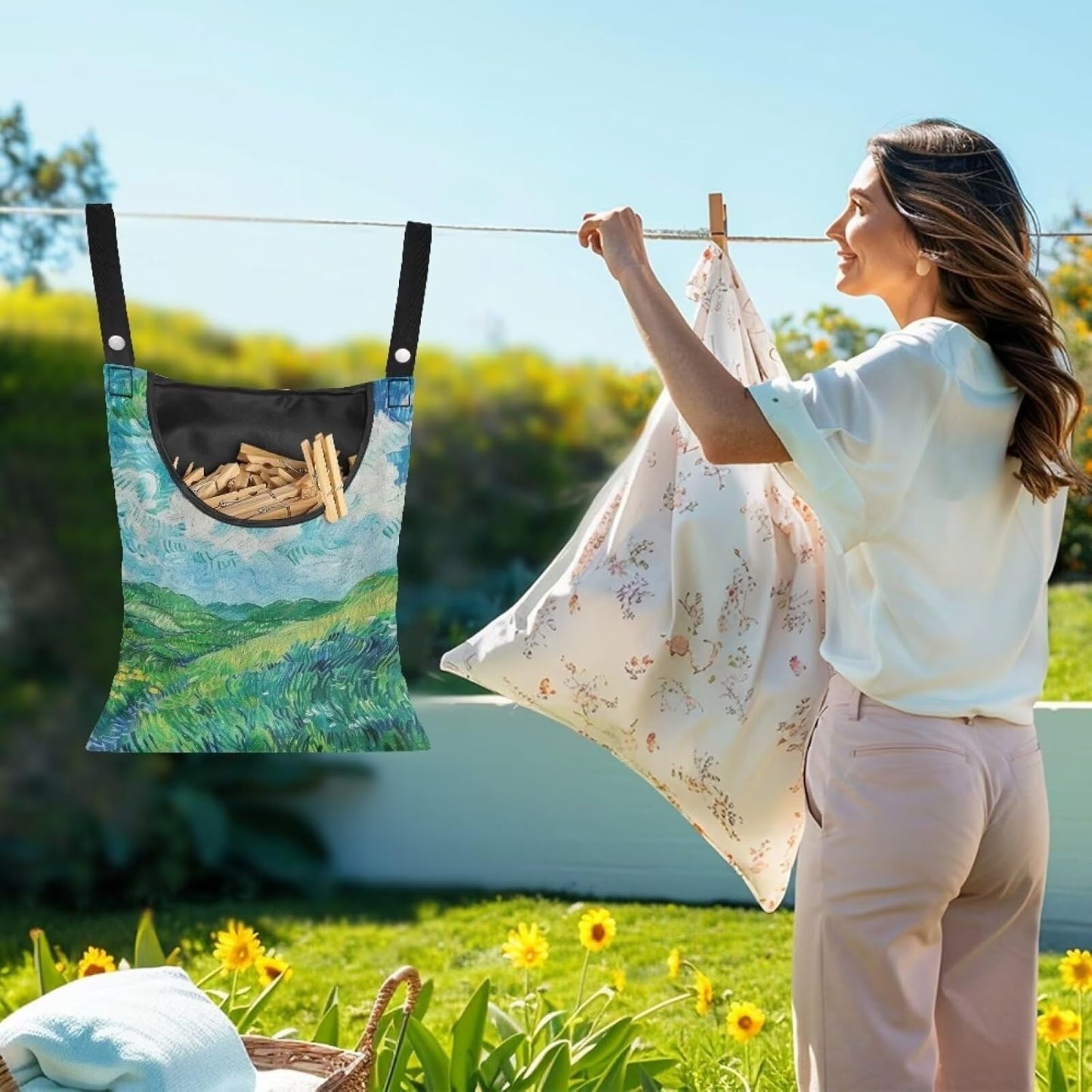 Van Gogh Wheatfield Laundry Clothespin Bags Hanging Storage Organizer 12 x 14.5 Inch Clothes Pin Bag Waterproof Clothespin Bag Clothespin Holder Large Opening and Hanging Rope