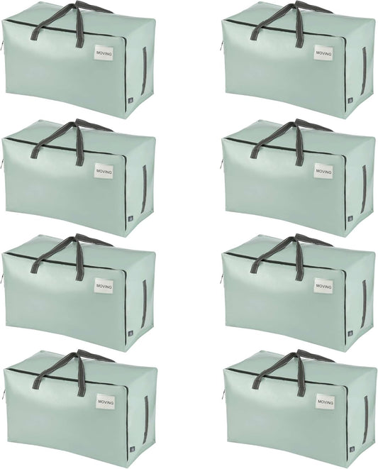VENO 8 Pack Moving and Storage Bags, Heavy Duty, Alternative to Moving Boxes, Large Packing Totes Supplies for College Dorm Room with Zipper for Clothes, Wide Open Design (Shiny Light Green, 8 Pack)