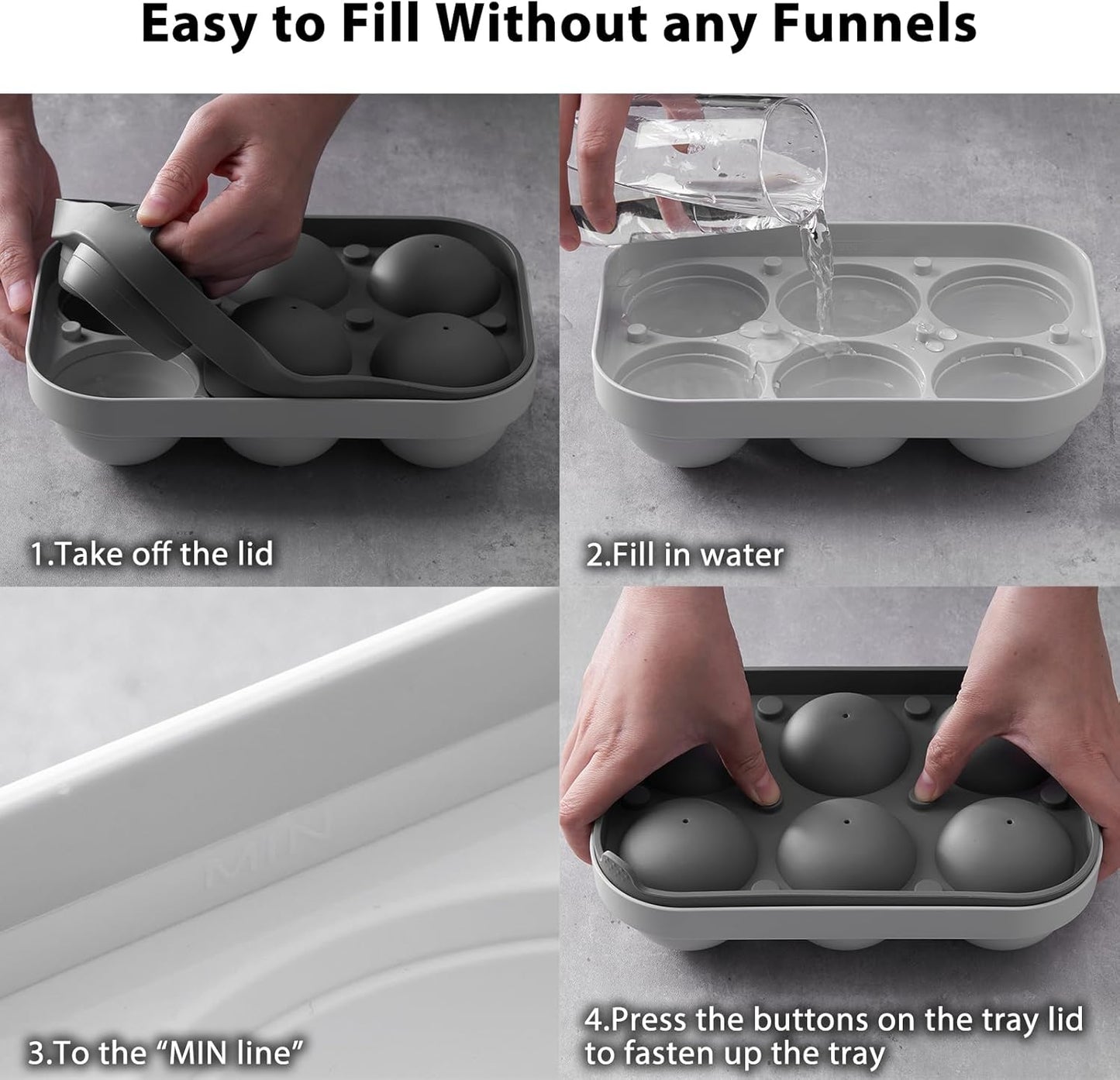 2.5inch Spherical Ice Ball Tray For Whiskey, Big Ice Freezer Mold for Cocktails，Easy Fill In & Release Ice Cube Mold, Durable &Reusable Spherical Ice Maker (Steel Grey)