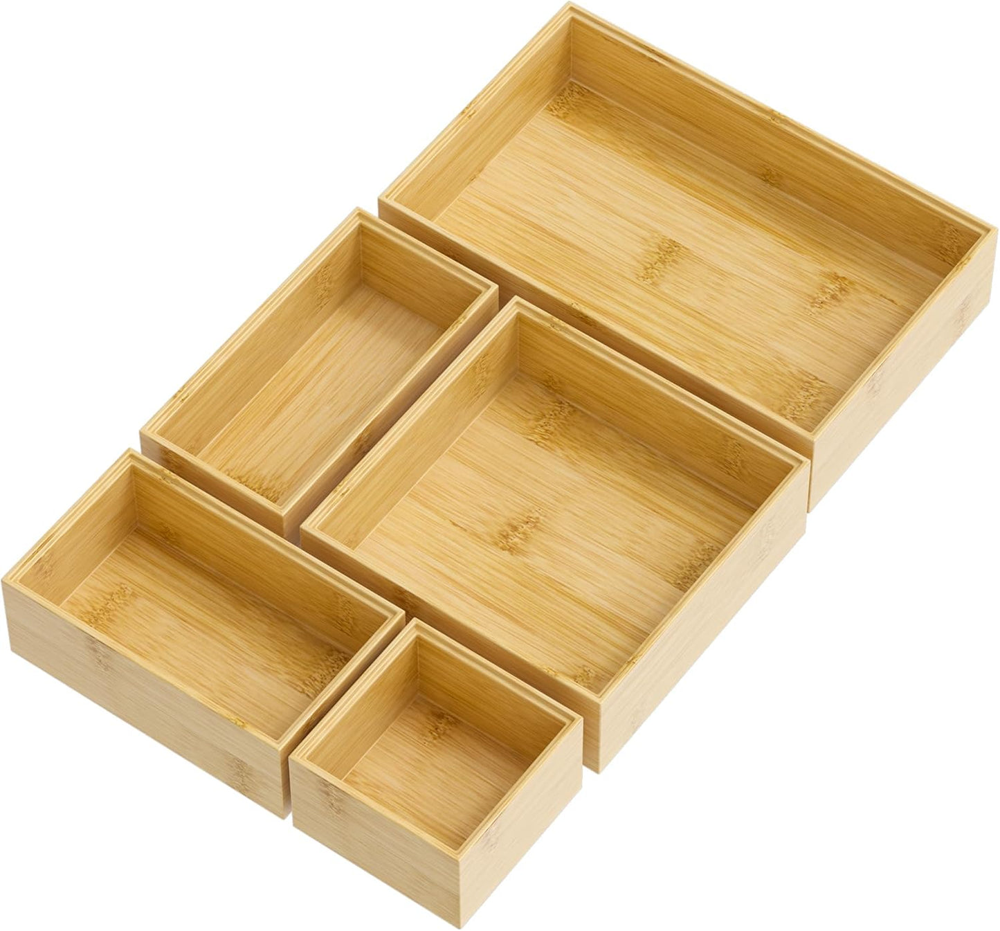 Bamboo Drawer Organizer Set, 5 PCS Multi-use Varied Sizes Junk Drawer Organizer Kitchen Storage Box for Office, Home, Bedroom, Bathroom, Bamboo