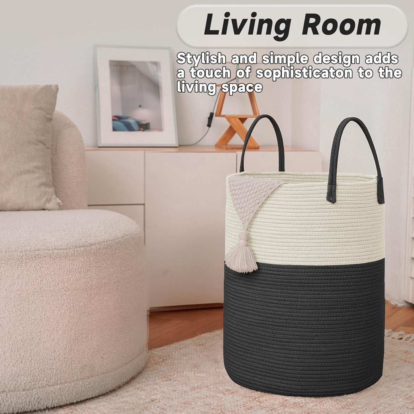 Large Woven Laundry Basket Hamper,60L Cotton Rope Storage Bin for Blankets,Toys and Clothes,Decorative Tall Nursery Hamper for Living Room,Baby Nursery,Bathroom and Bedroom,White and Black