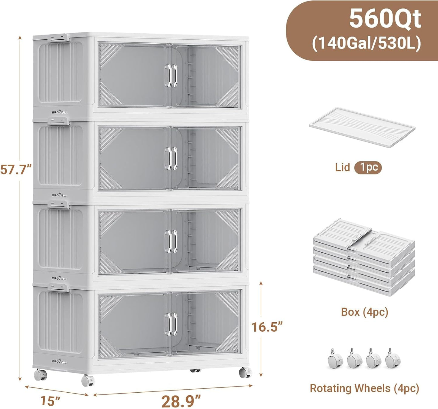 140Gal Plastic Stackable Storage Bins with Lid, 560QT Extra Large Closet Organizers Collapsible Cabinets Boxes with Drawers, Foldable Containers with 4X Wheels for Home Kitchen, V60 4Pack White