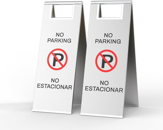 Stainless Steel No Parking Sign Portable Foldable Handle 2-Pack (Silver)