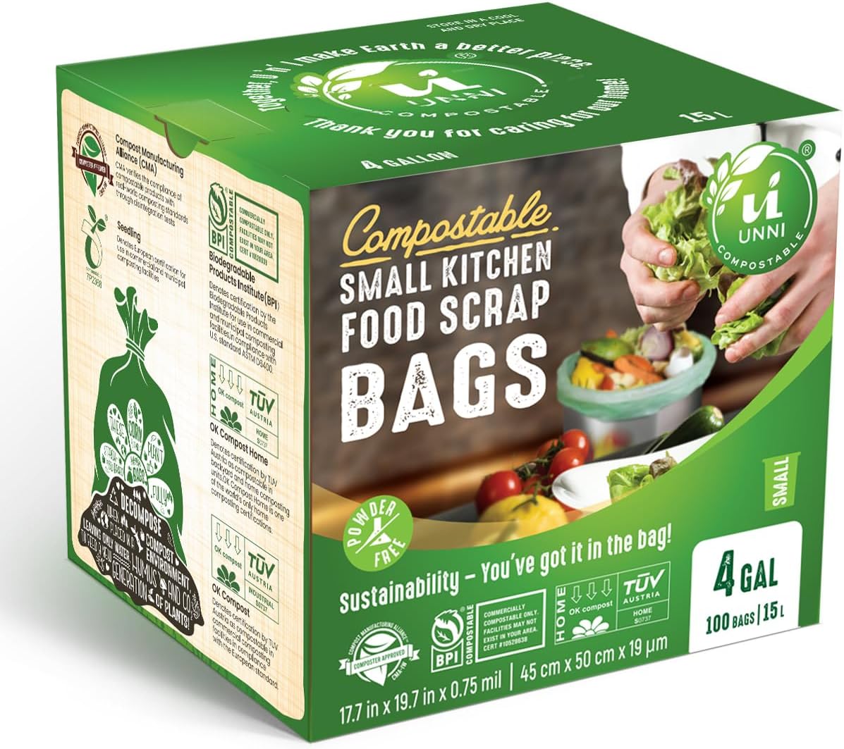 UNNI Compostable Trash Bags, 4 Gallon / 15 Liter, 200 Count, Extra Thick 0.75 mil Small Kitchen Food Scrap Bin Liners, BPI, CMA & OK compost HOME Certified (Meets ASTM D6400)