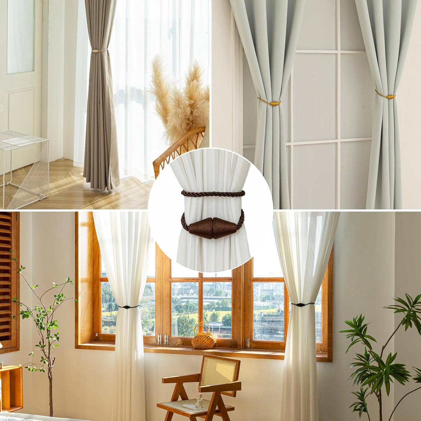 Magnetic Curtain Tiebacks 2 Pack Outdoor Rope Curtain Tie Backs Decorative Window Treatment Holdbacks for Home Decorative Curtain, Coffee