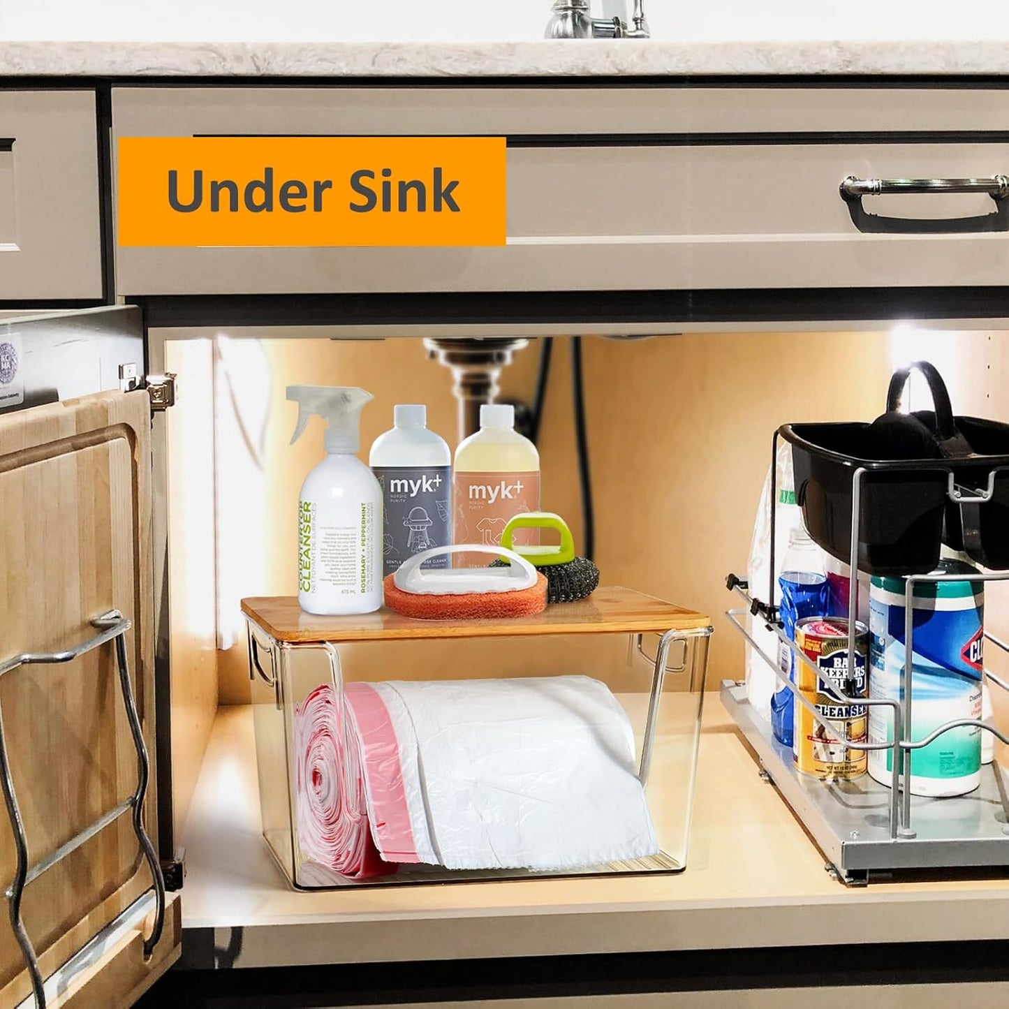 2 Pack Trash Bag Holder Dispenser, Extra Large Garbage Bags Holder, Stackable Trash Bag Holder with Bamboo Top for Laundry Room & Under Sink