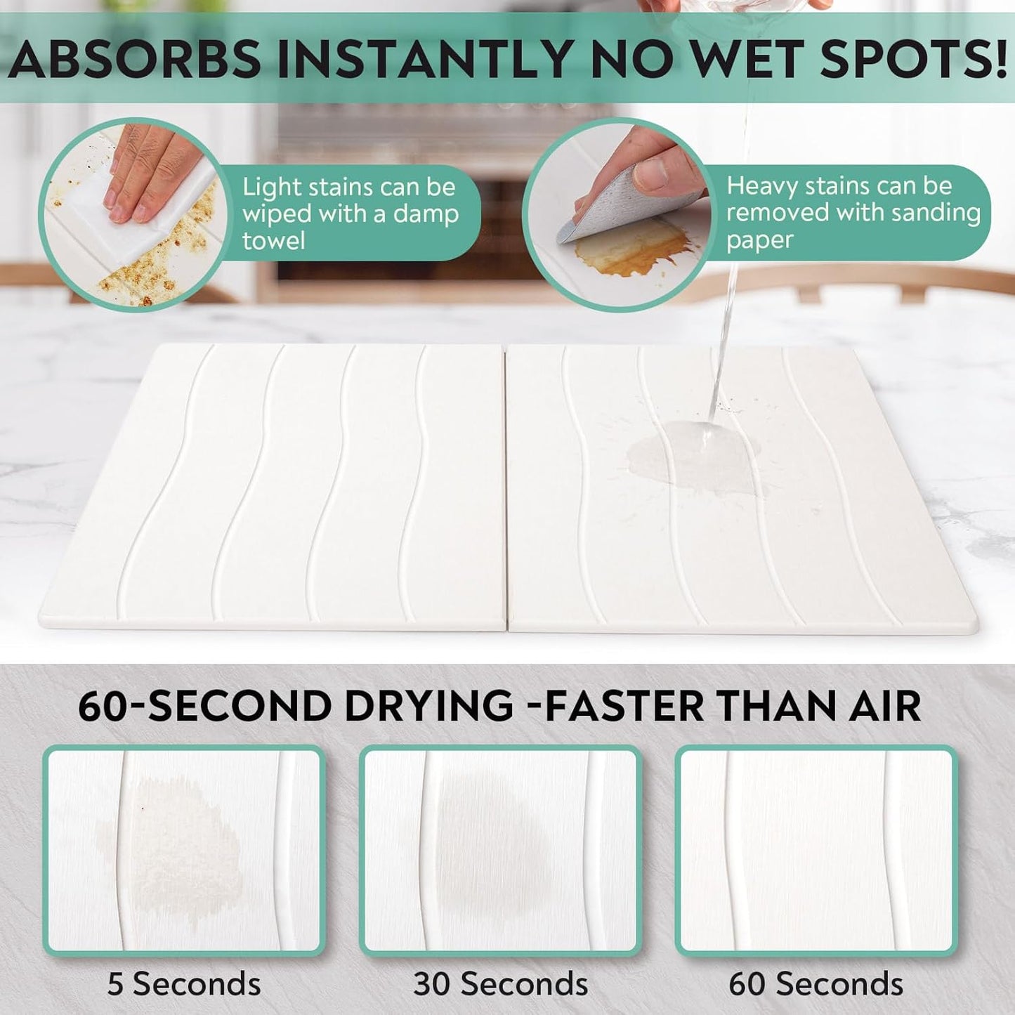 Large Stone Drying Mat for Kitchen Counter, 24x16 Foldable Self Stone Dish Drying Mat, Absorbent Food Grade Diatomaceous Earth Dish Dry Mats for Sink Bathtub