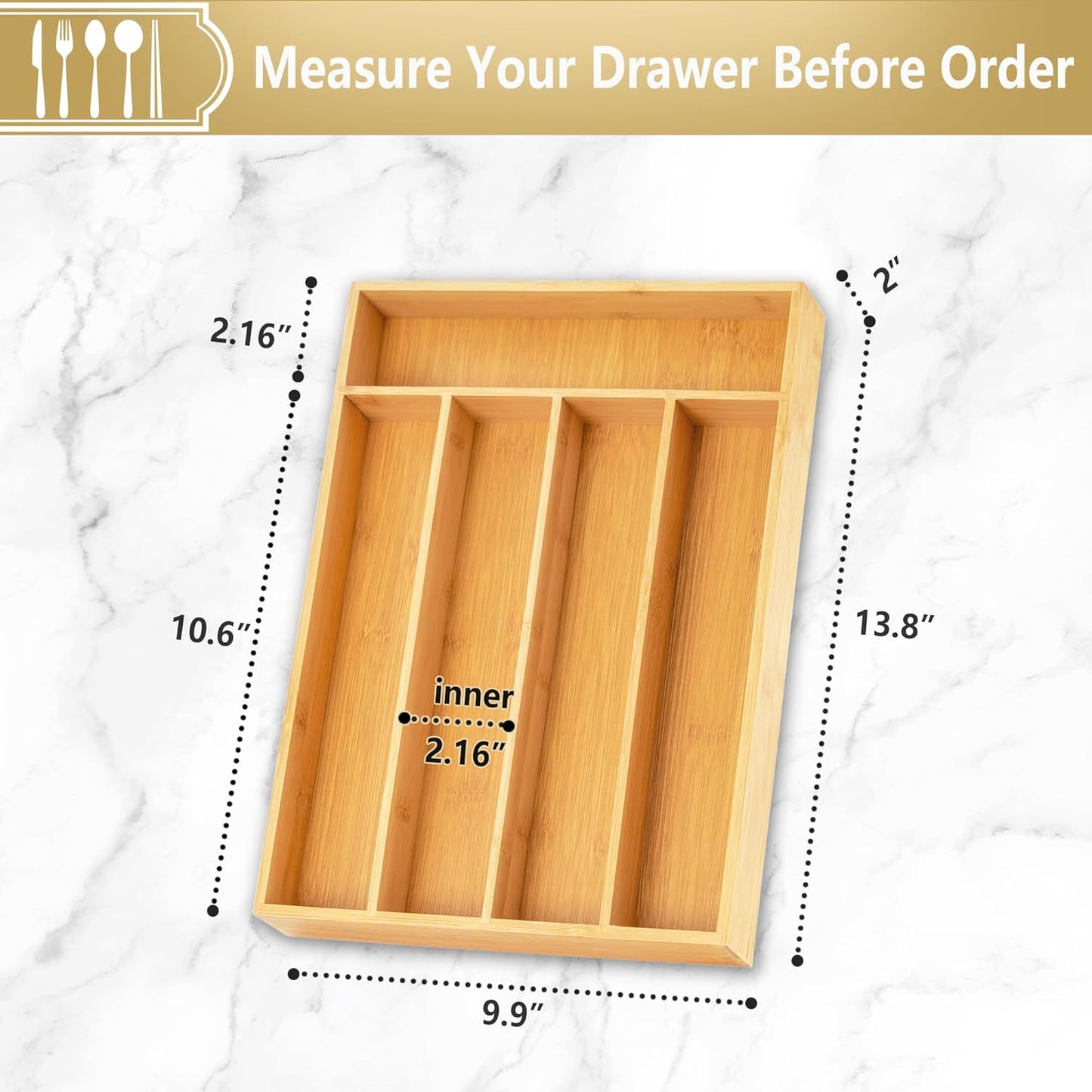 Silverware Organizer, 10 Inch Utensil Organizer Kitchen Drawer Organizer Bamboo Silverware Holder Cutlery Tray Organizer in Drawer Flatware Organizer Tray(5 slots, Natural）