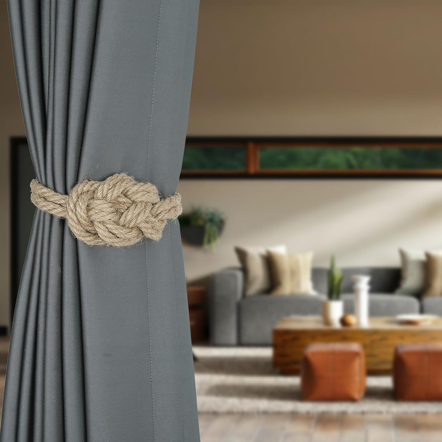 4 Pack Natural Jute Magnetic Curtain Tiebacks, Boho Rustic Style Decorative Curtain Ties Backs for Home & Office Drapery