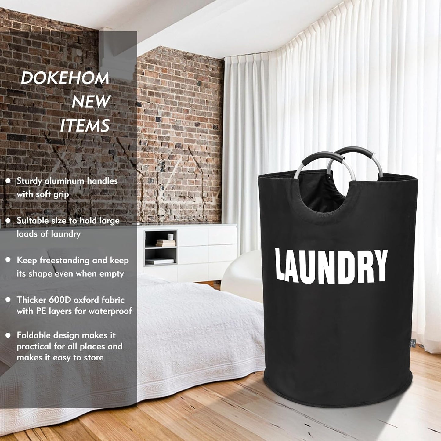 DOKEHOM 160L XX-Large Laundry Basket (7 Colors), Collapsible Laundry Bag, Foldable Laundry Hamper, Folding Washing Bin (Black, XXL)
