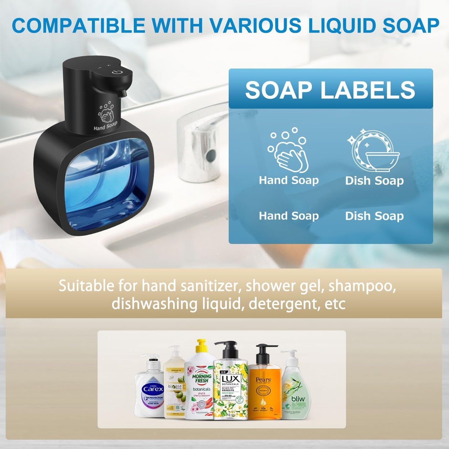 Automatic Liquid Soap Dispenser with 500ml /17oz Capacity, Touchless Soap Dispenser with 4 Level Adjustable, Rechargeable, Wall-Mounted, Waterproof for Kitchen, Bathroom, Hotel, Restaurant