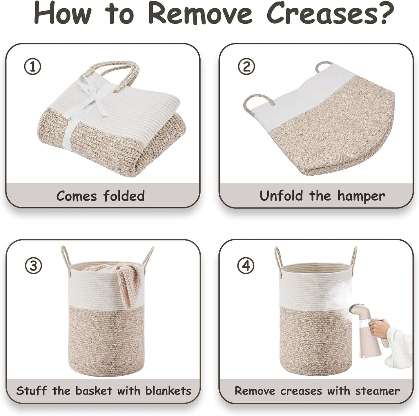 VIPOSCO Large Laundry Hamper, Tall Woven Rope Storage Basket for Blanket, Toys, Dirty Clothes in Living Room, Bathroom, Bedroom - 100L White & Brown