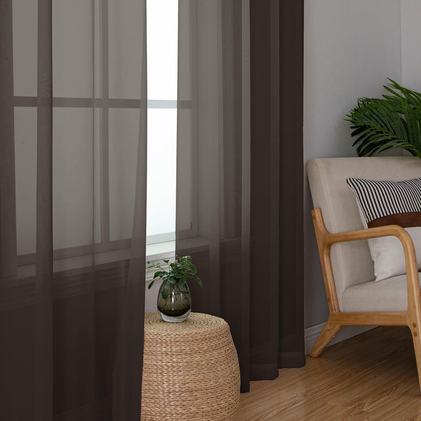 Chyhomenyc Sheer Curtains 63 Inch Length 2 Panels, Light Filtering Rod Pocket Window Sheer Curtain Drapes for Bedroom Living Room, 42Wx63L, 2 Panels, Chocolate Brown